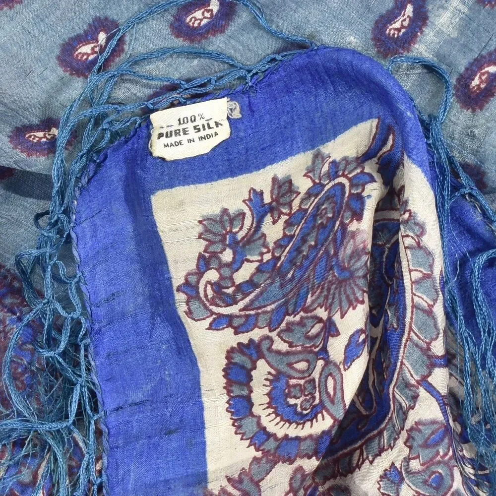 VTG Made in India 100% Silk Square Scarf Blue Paisley Fringe Wrap Shawl 40x40